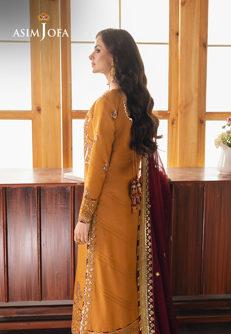 Asim Jofa 3 Piece Custom Stitched Suit - Mustard - LB289317