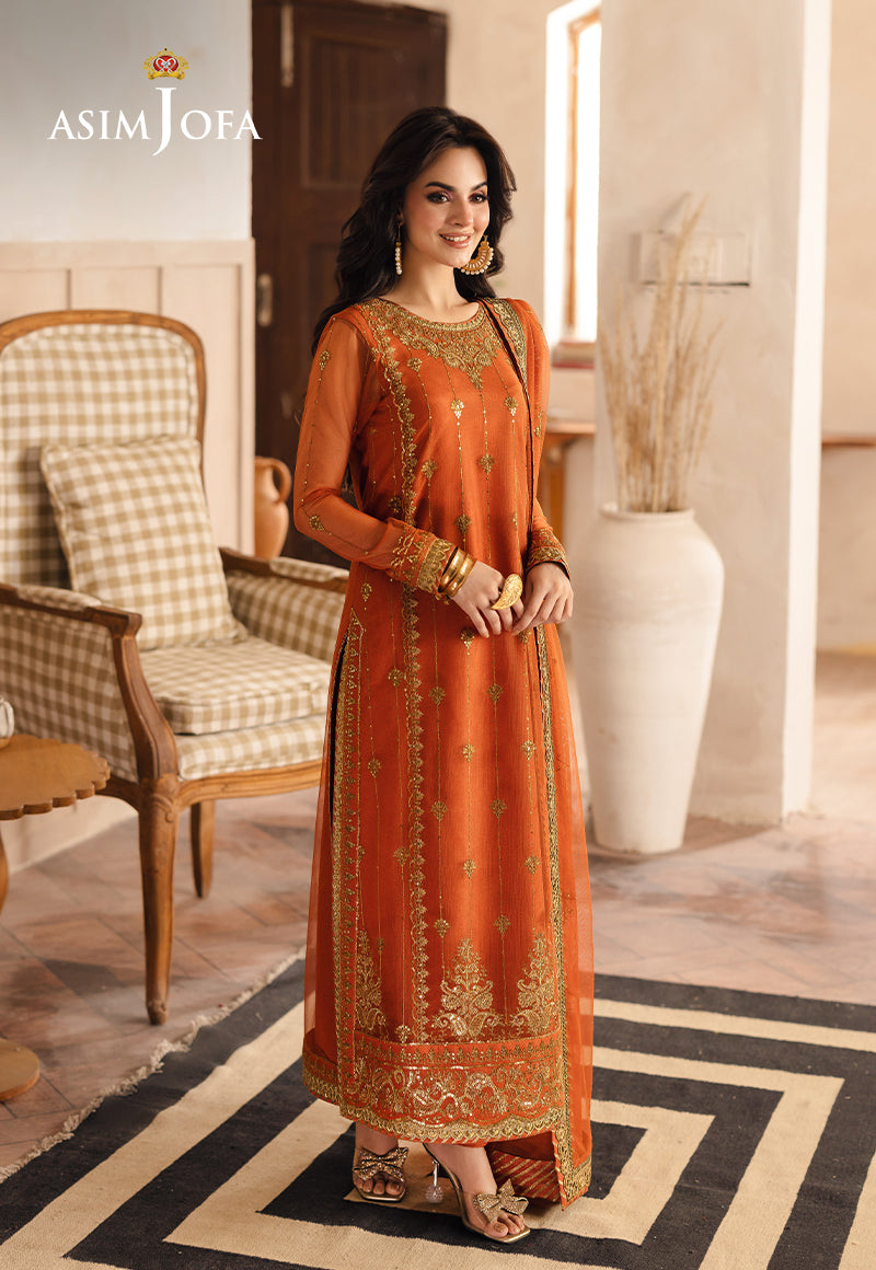 Asim Jofa 3 Piece Custom Stitched Suit - Orange - LB289315