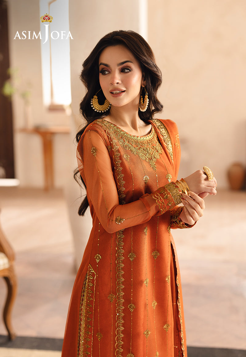 Asim Jofa 3 Piece Custom Stitched Suit - Orange - LB289315