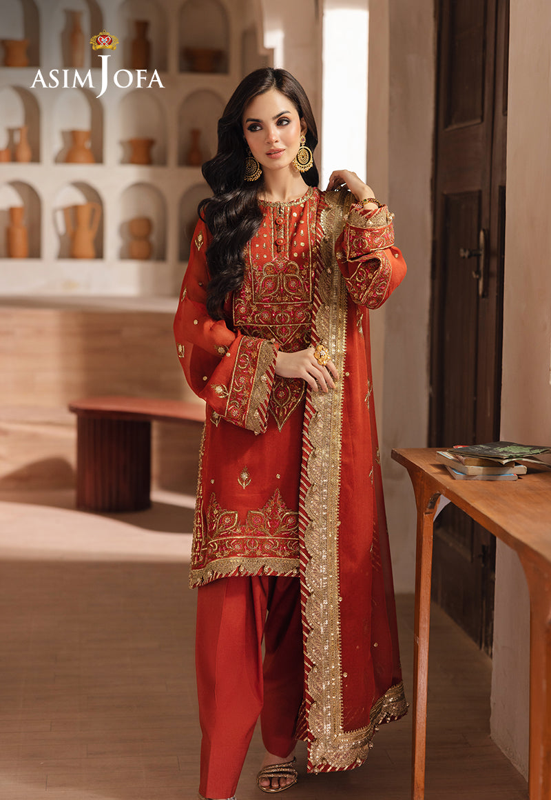 Asim Jofa 3 Piece Custom Stitched Suit - Orange - LB289313