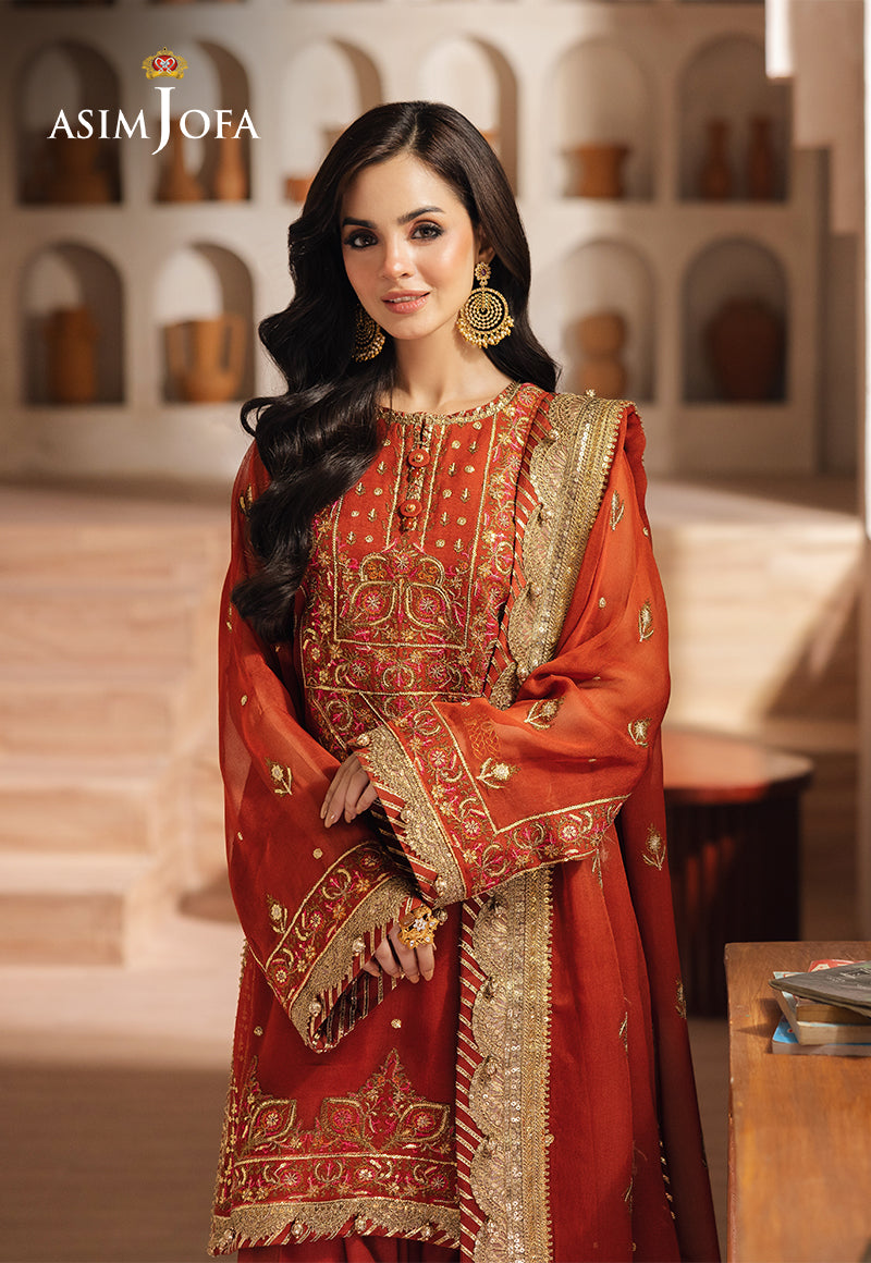 Asim Jofa 3 Piece Custom Stitched Suit - Orange - LB289313