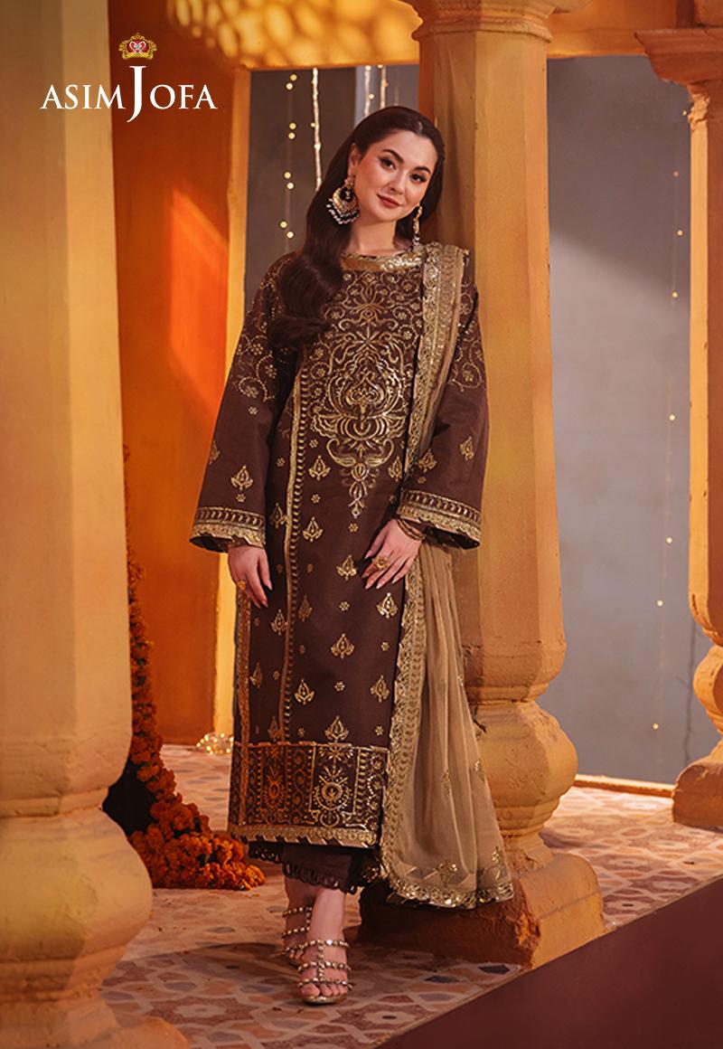 Asim Jofa 3 Piece Custom Stitched Suit - Brown - LB287480