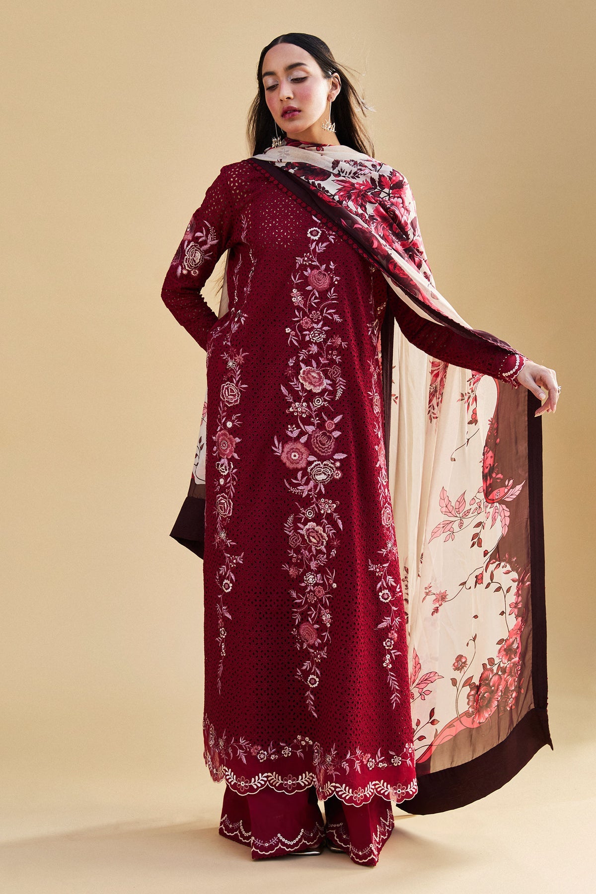 Zara Shahjahan 3 Piece Custom Stitched Suit - Maroon - LB29655