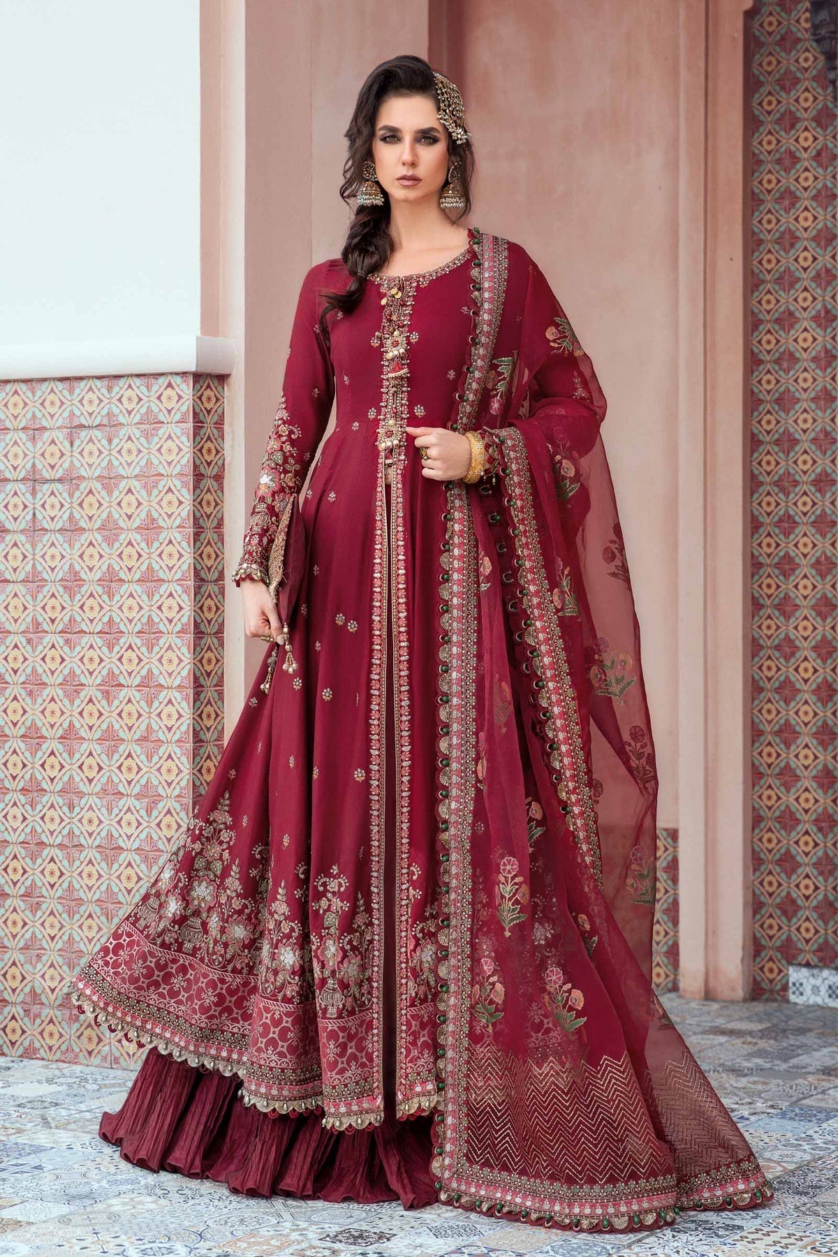 Maria.B 3 Piece Custom Stitched Suit - Maroon - LB28404