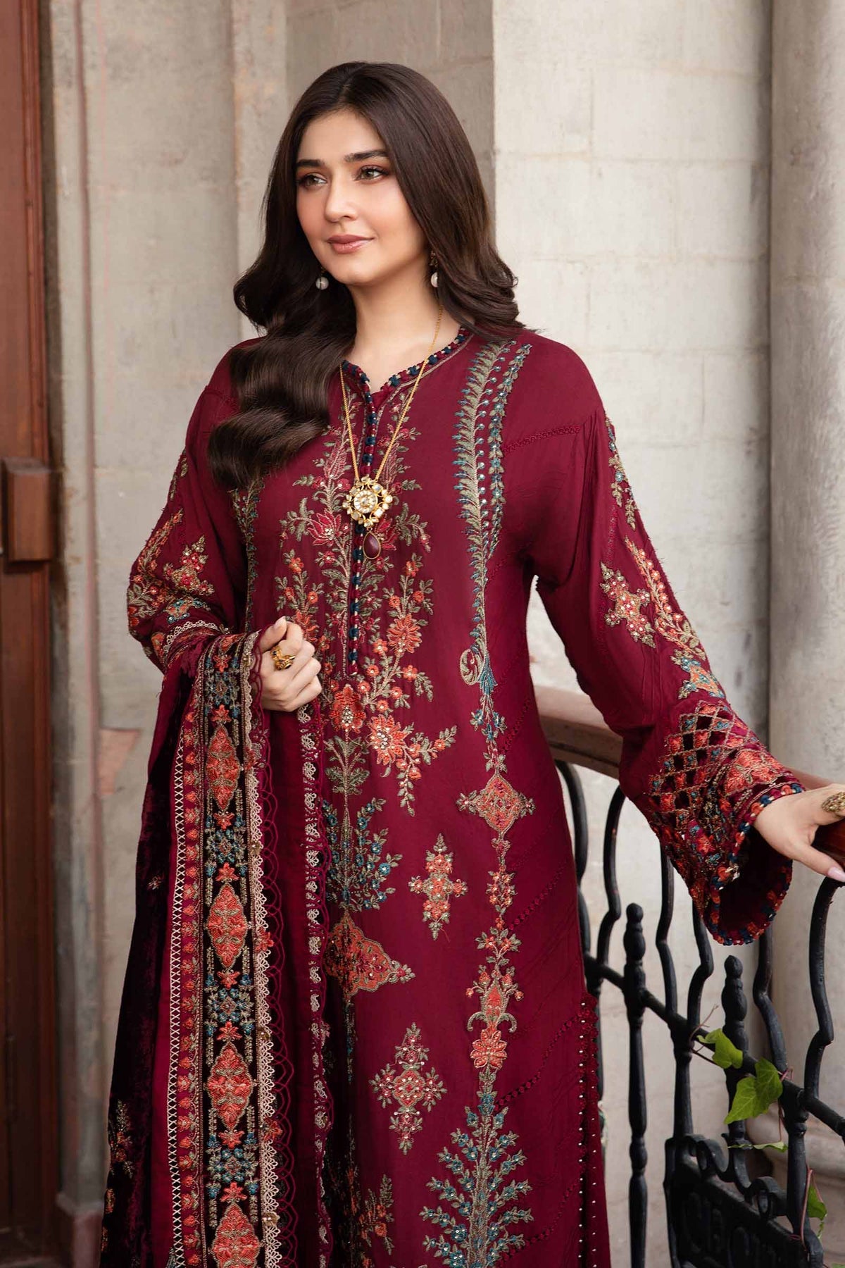 Maria.B 3 Piece Custom Stitched Suit - Maroon - LB288243