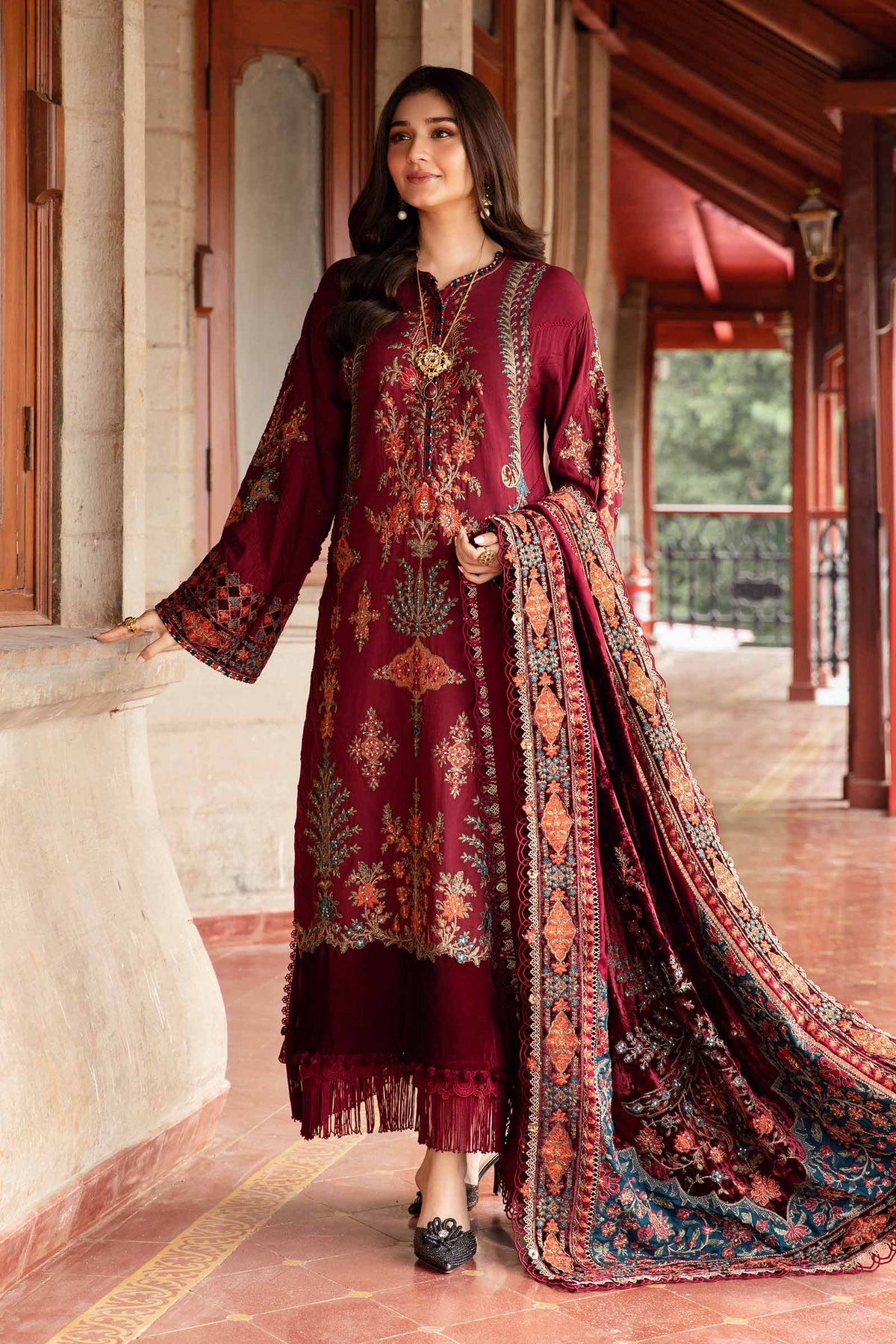 Maria.B 3 Piece Custom Stitched Suit - Maroon - LB288243