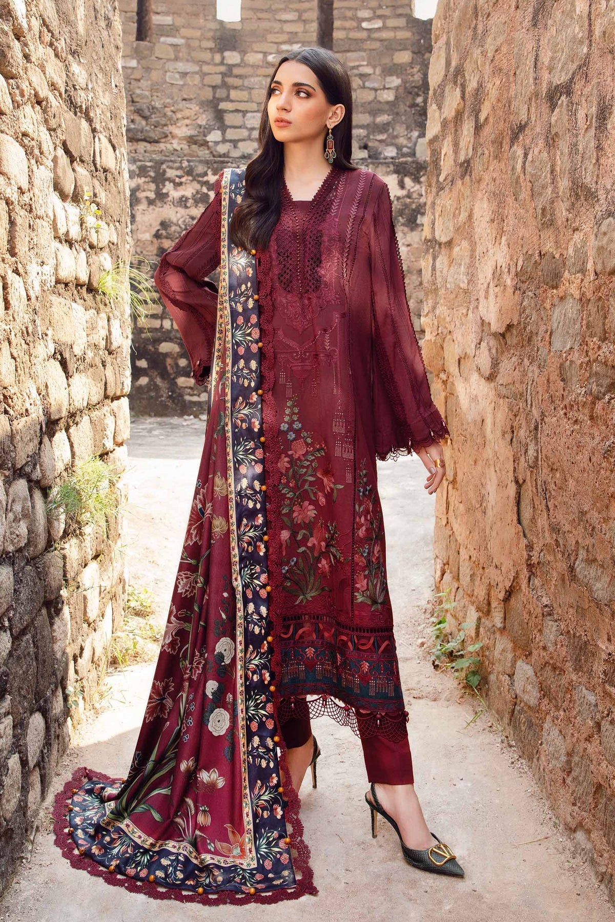 Maria.B 3 Piece Custom Stitched Suit - Maroon - LB289027