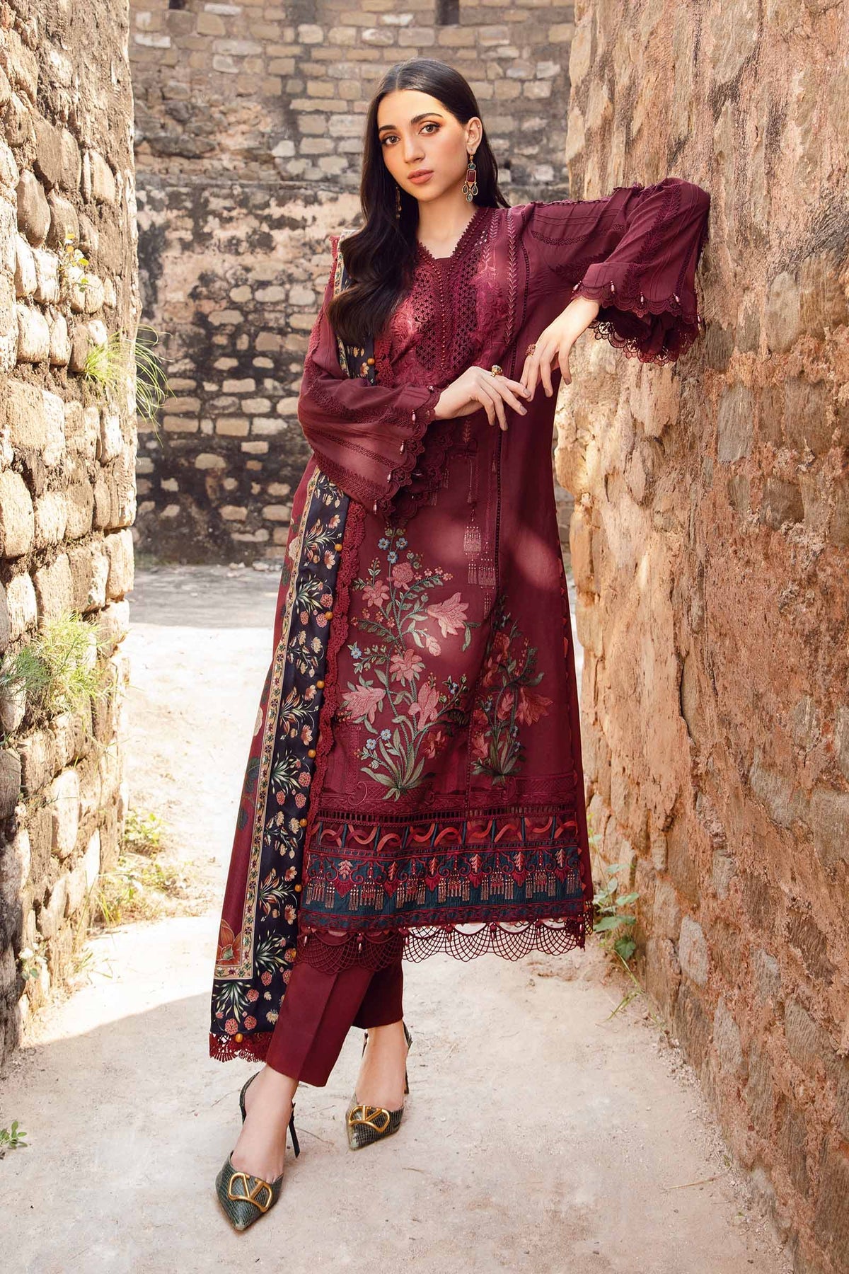 Maria.B 3 Piece Custom Stitched Suit - Maroon - LB289027