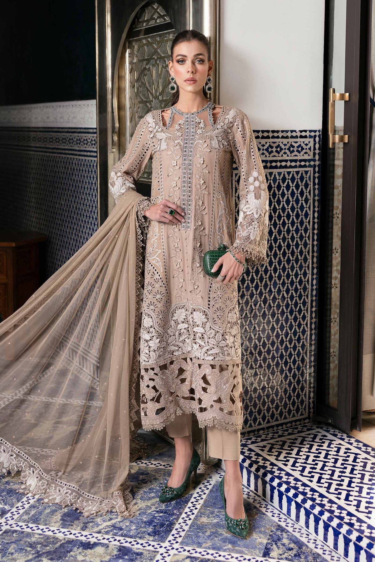 Maria.B 3 Piece Custom Stitched Suit - Beige - LB29669