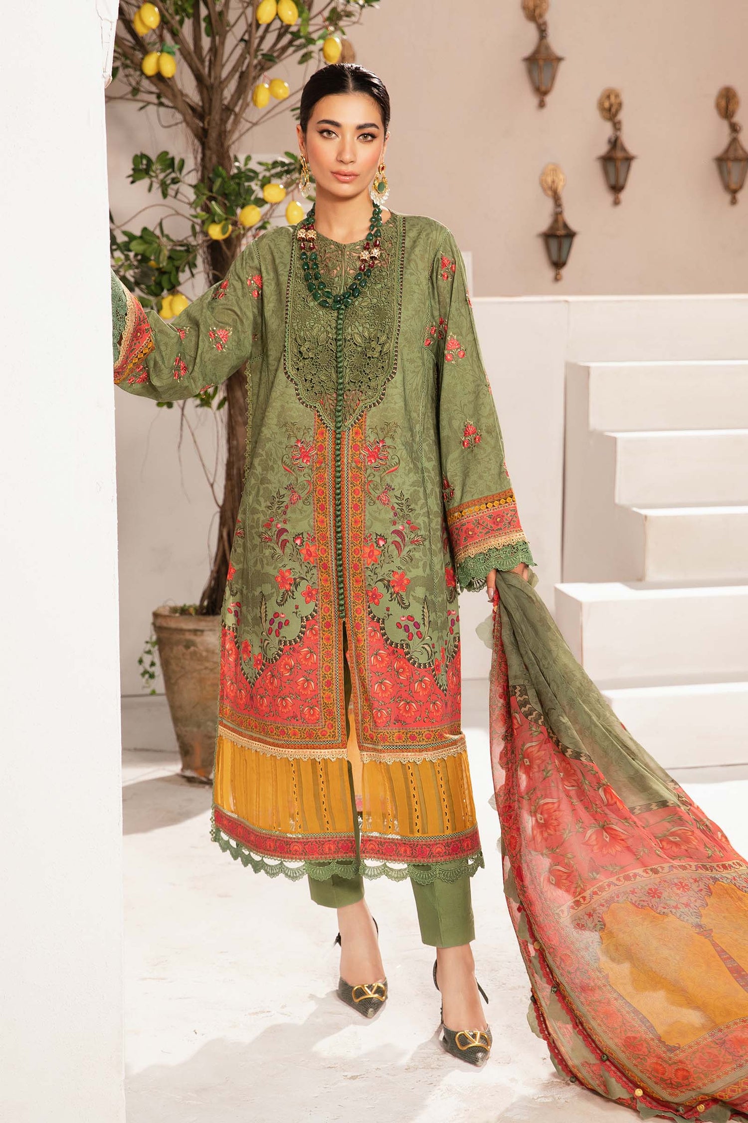 Maria.B 3 Piece Custom Stitched Suit - Green - LB286793