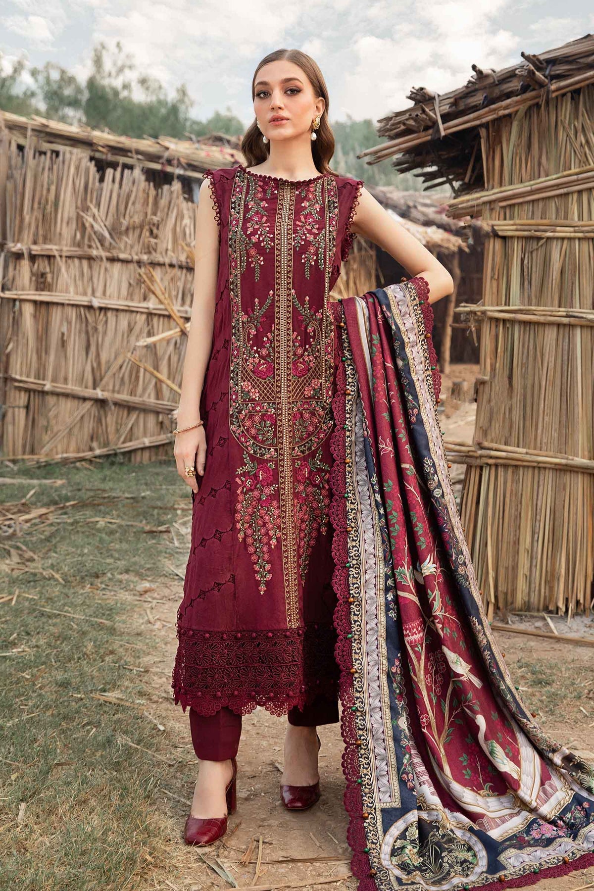 Maria.B 3 Piece Custom Stitched Suit - Maroon - LB289042