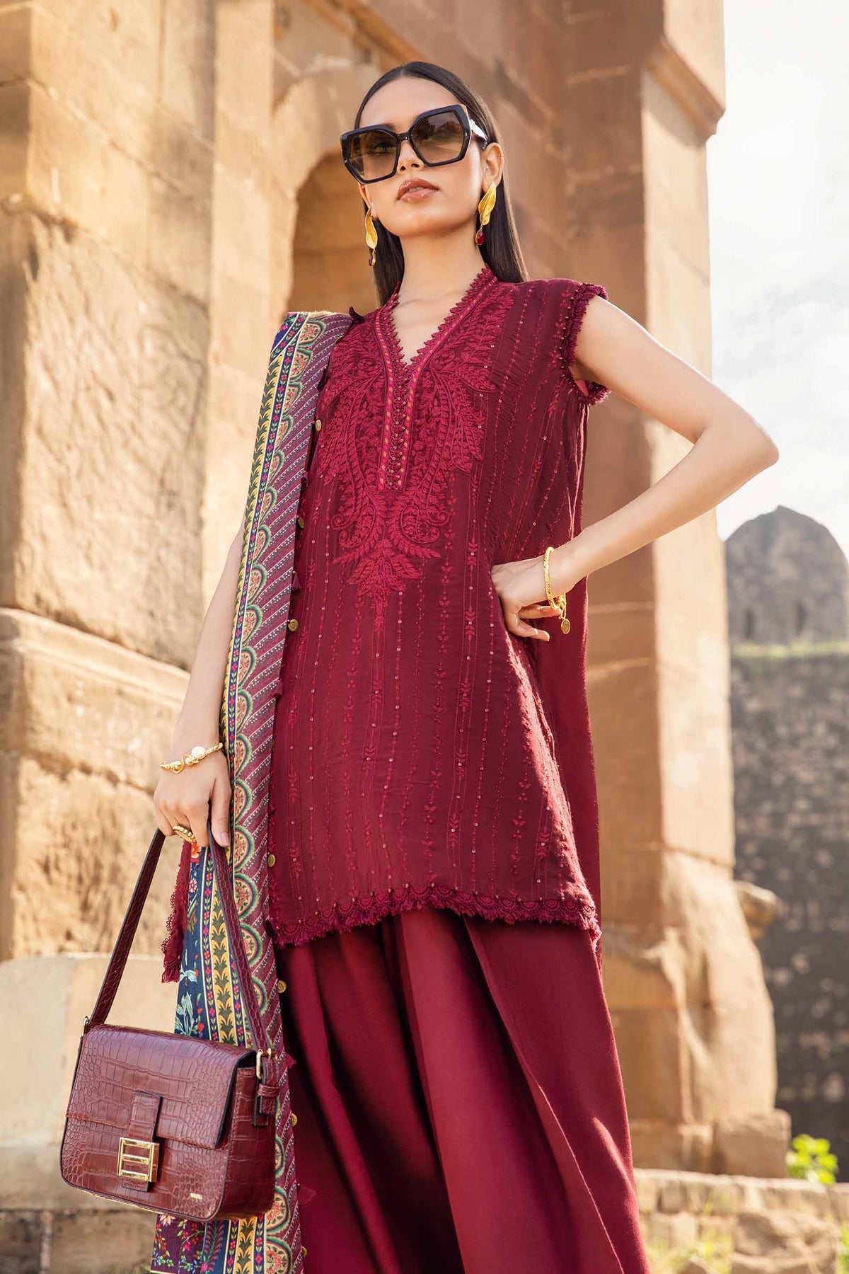 Maria.B 3 Piece Custom Stitched Suit - Maroon - LB289036