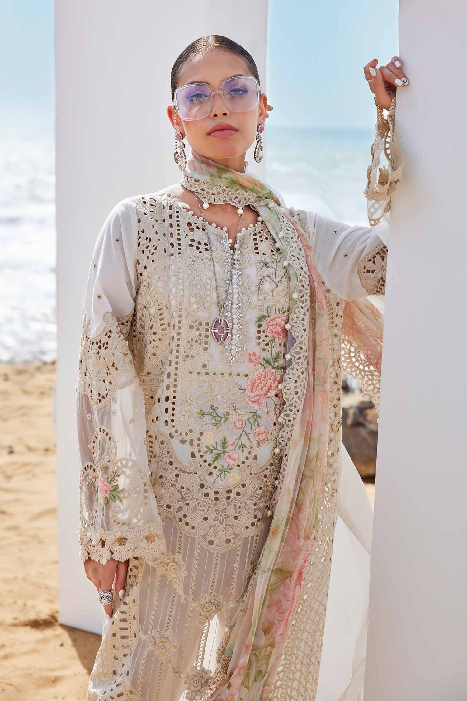 Maria.B 3 Piece Custom Stitched Suit - Off-White - LB30296