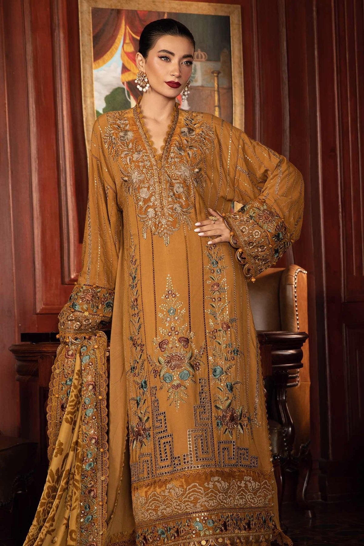 Maria.B 3 Piece Custom Stitched Suit - Mustard - LB288234