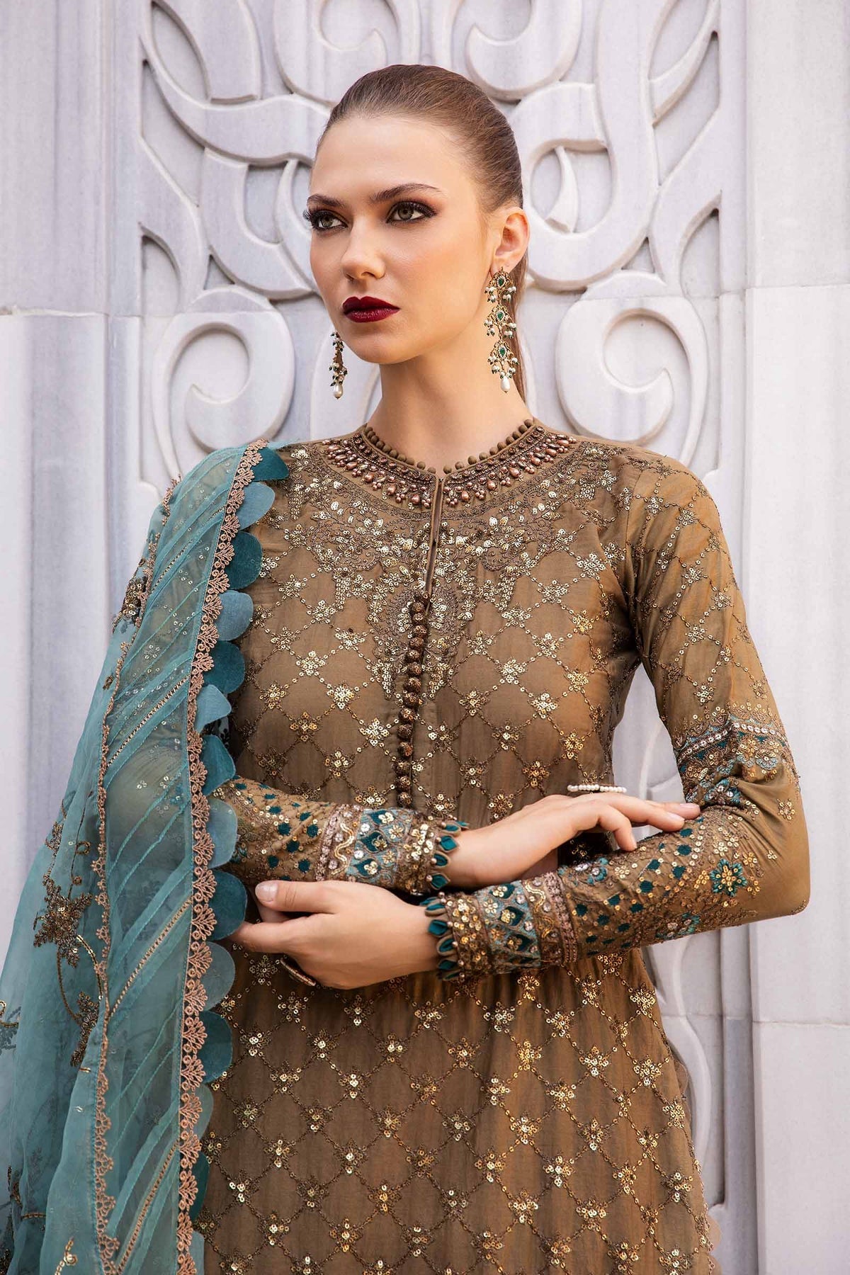 Maria.B 3 Piece Custom Stitched Suit - Brown - LB288210