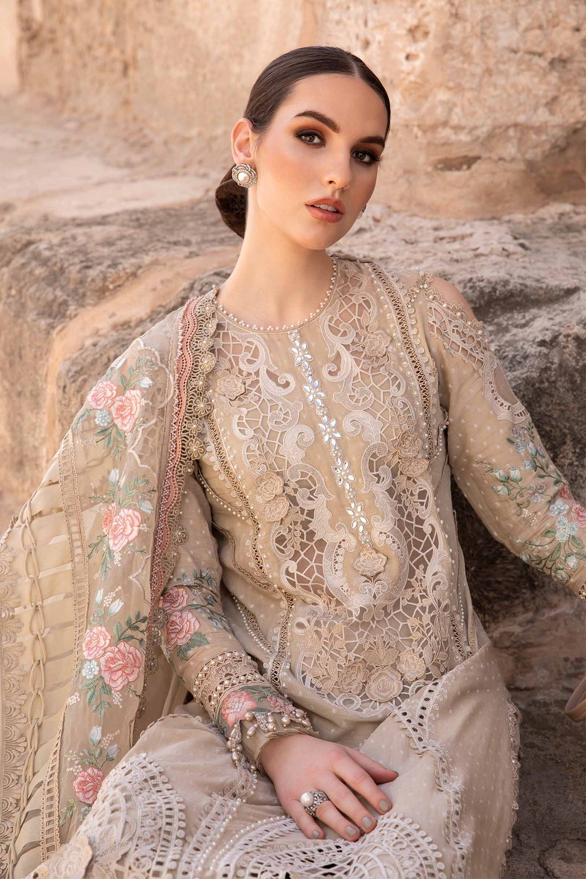 Maria.B 3 Piece Custom Stitched Suit - Beige - LB286423