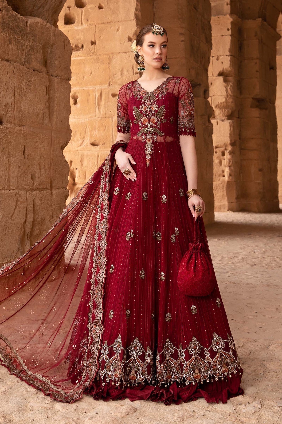 Maria.B 3 Piece Custom Stitched Suit - Maroon - LB286438