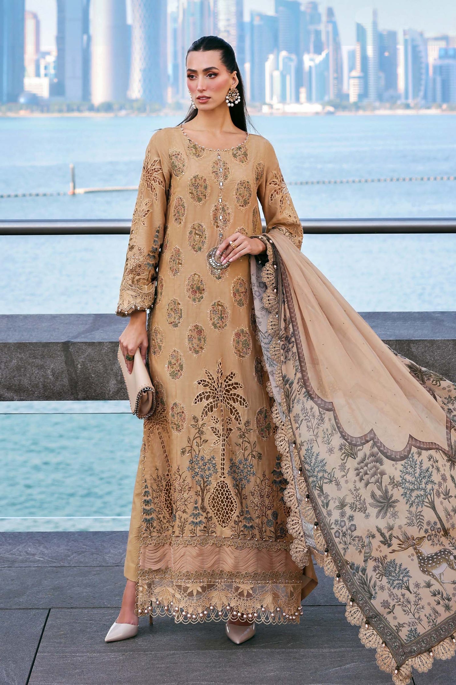 Maria.B 3 Piece Custom Stitched Suit - Beige - LB31444