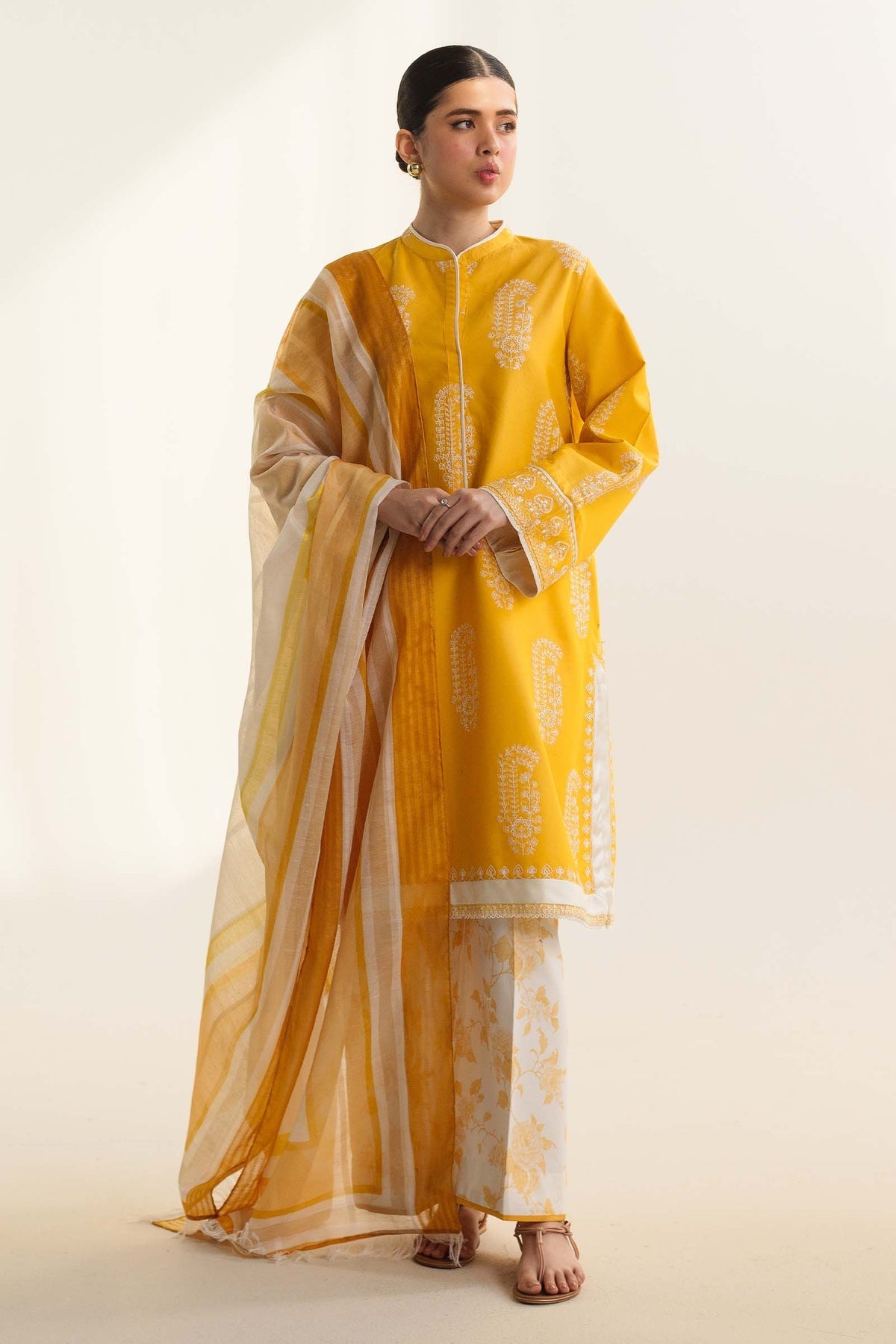 Zara Shahjahan 3 Piece Custom Stitched Suit - Yellow - LB287225