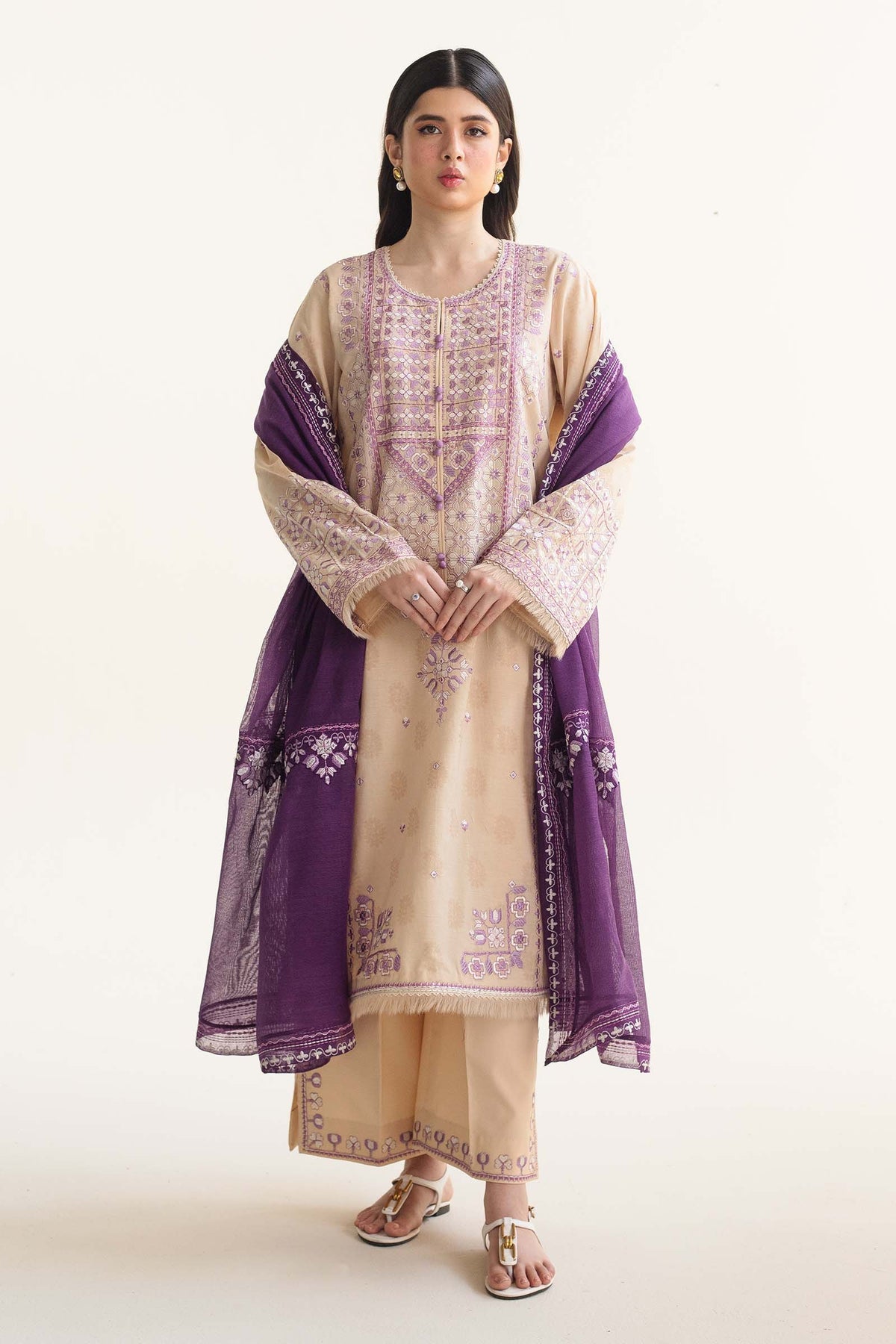 Zara Shahjahan 3 Piece Custom Stitched Suit - Beige - LB287224