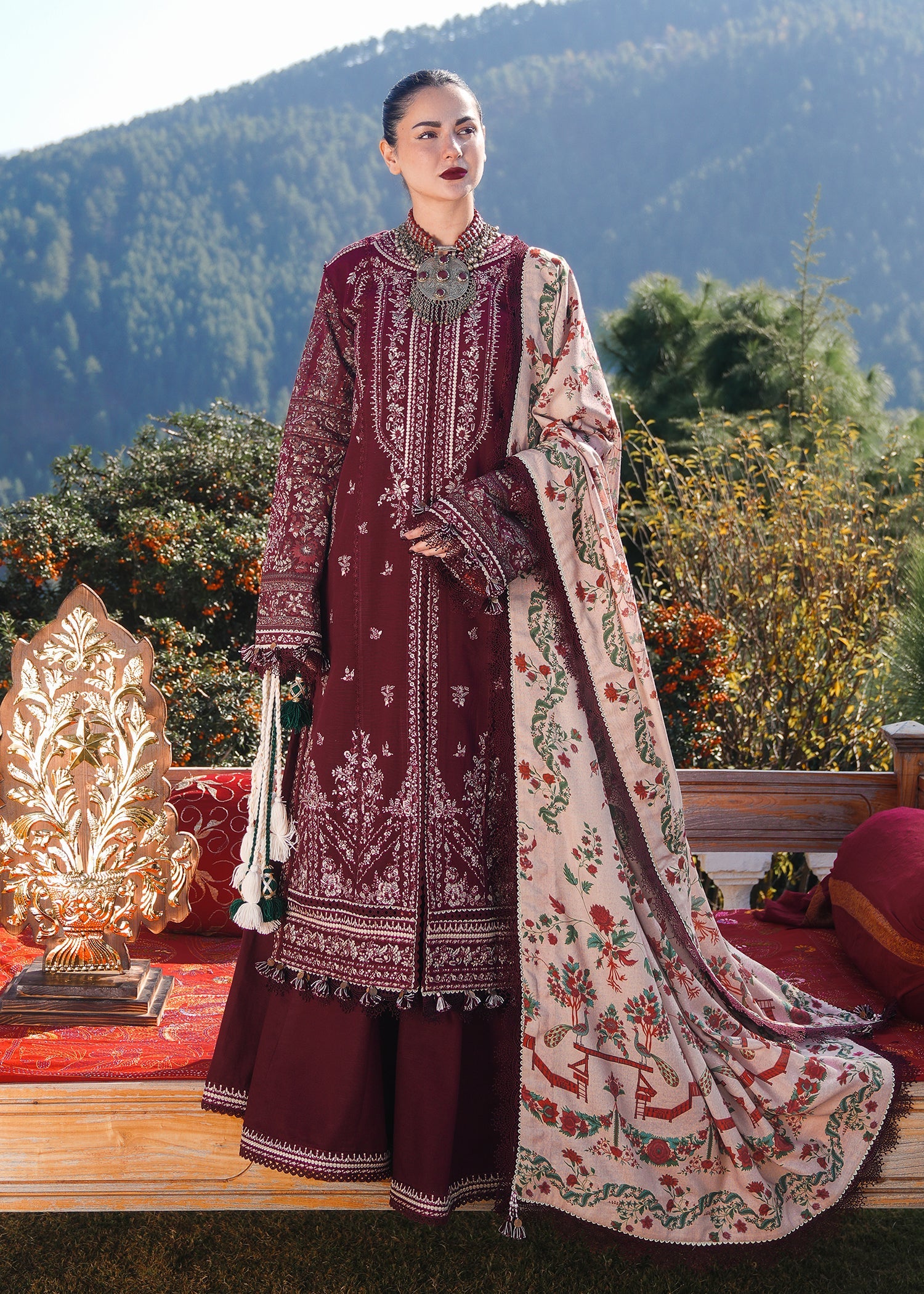 Hussain Rehar 3 Piece Custom Stitched Suit - Maroon - LB289101