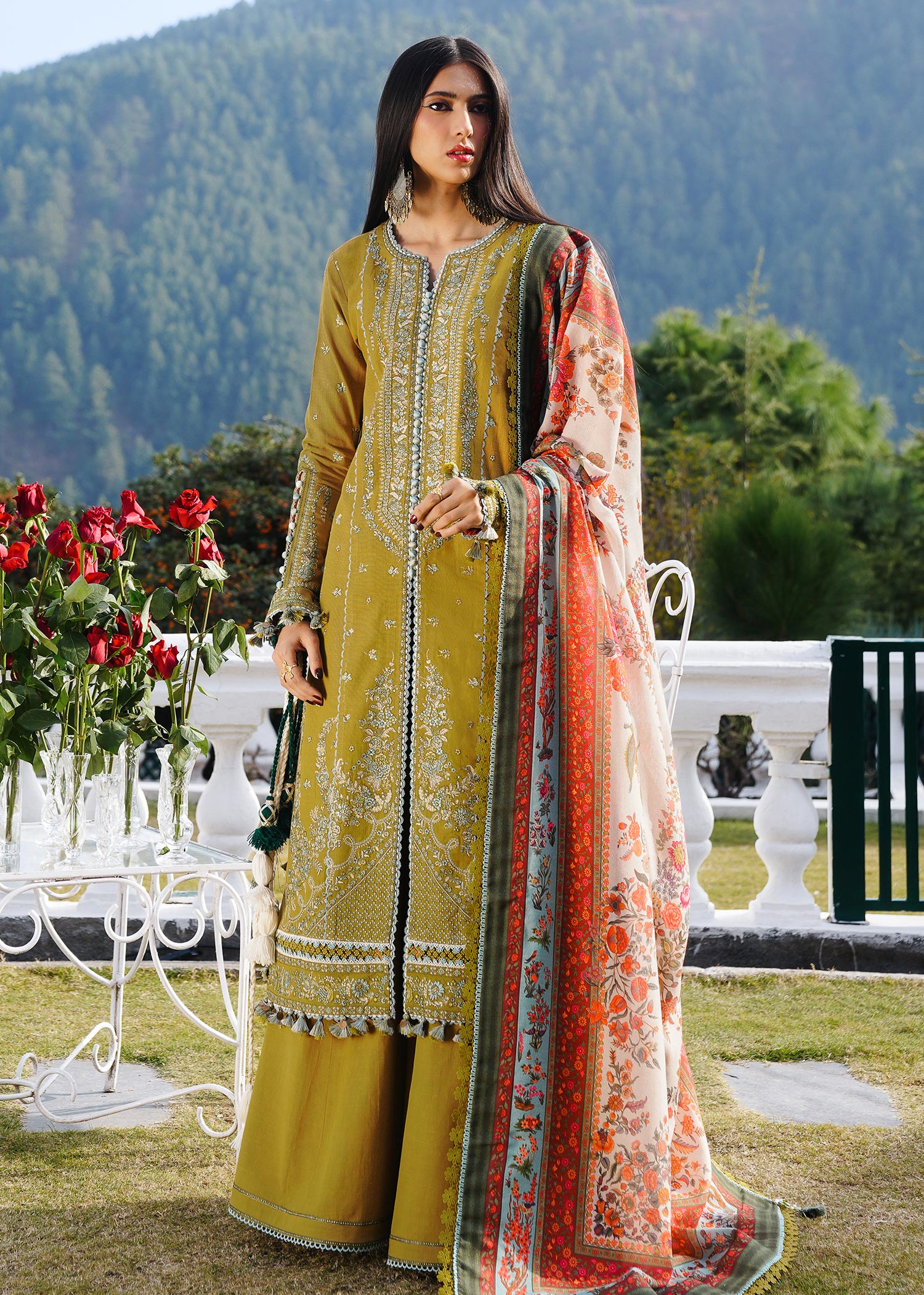 Hussain Rehar 3 Piece Custom Stitched Suit - Green - LB289099