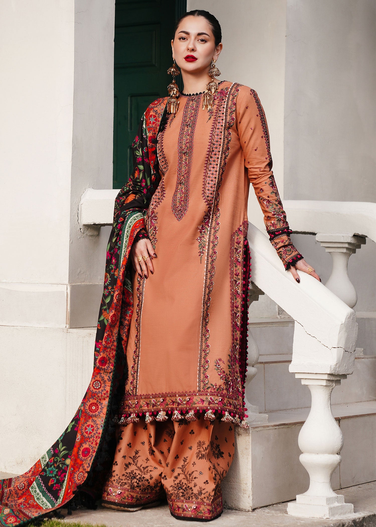 Hussain Rehar 3 Piece Custom Stitched Suit - Peach - LB289102