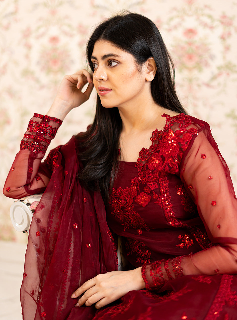 Zainab Chottani 3 Piece Custom Stitched Suit - Maroon - LB288925