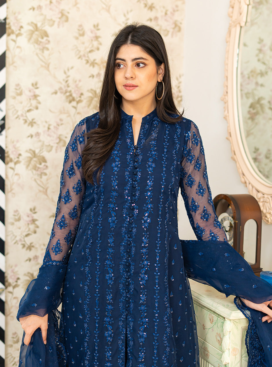 Zainab Chottani 3 Piece Custom Stitched Suit - Blue - LB288922