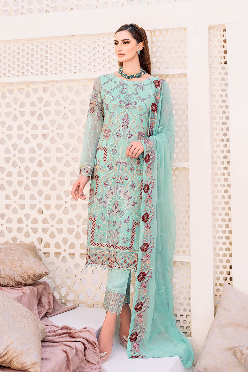 Ramsha 3 Piece Custom Stitched Suit - Aqua - LB26820