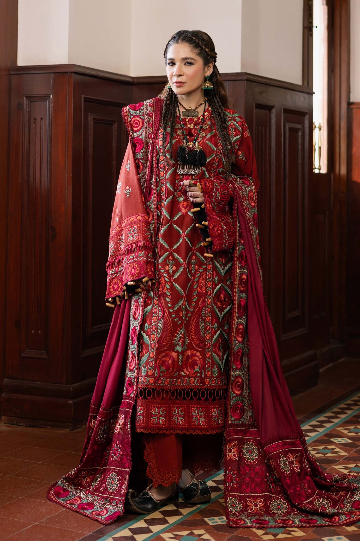 Maryam Hussain 3 Piece Custom Stitched Suit - Red - LB30908