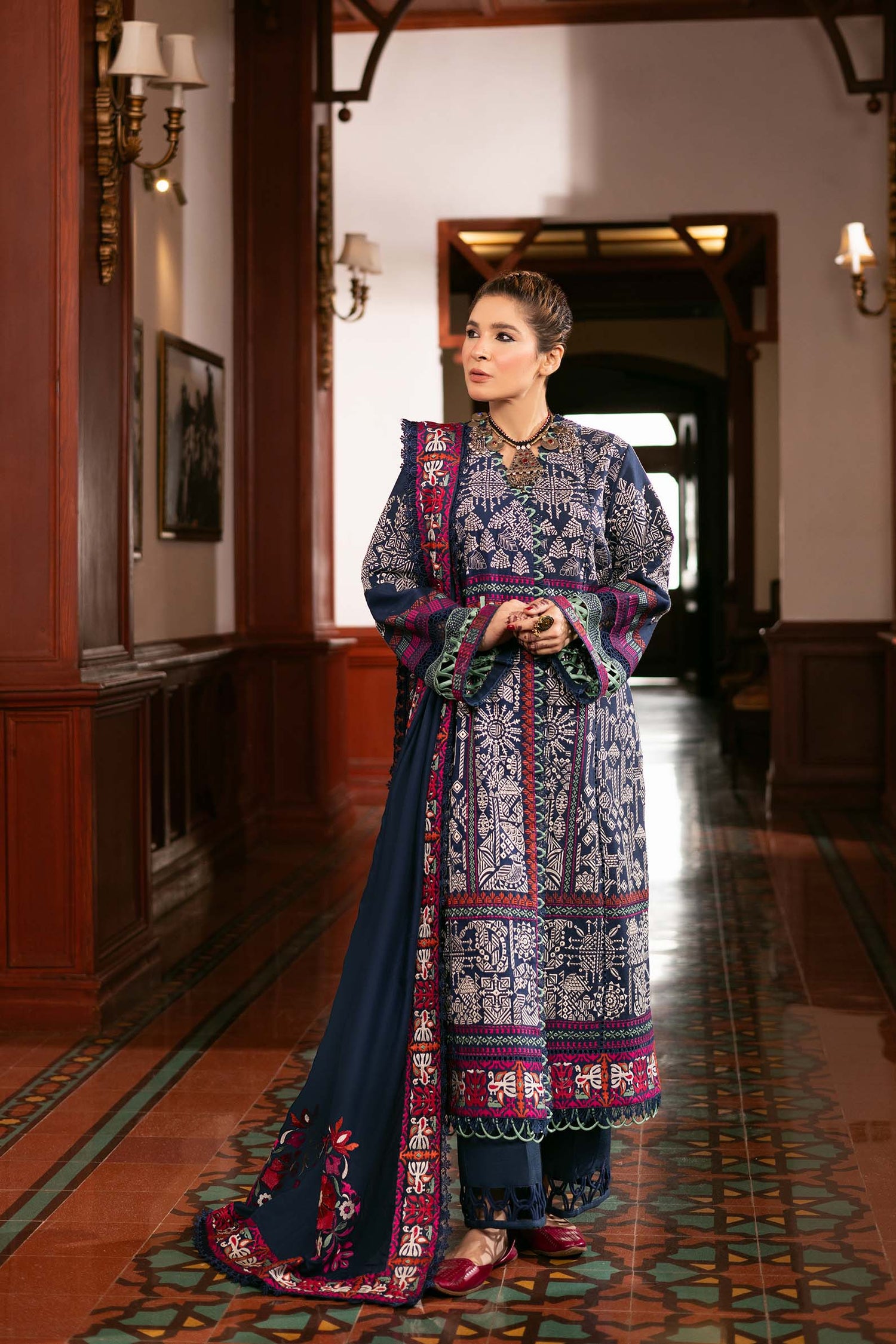 Maryam Hussain 3 Piece Custom Stitched Suit - Blue - LB30906