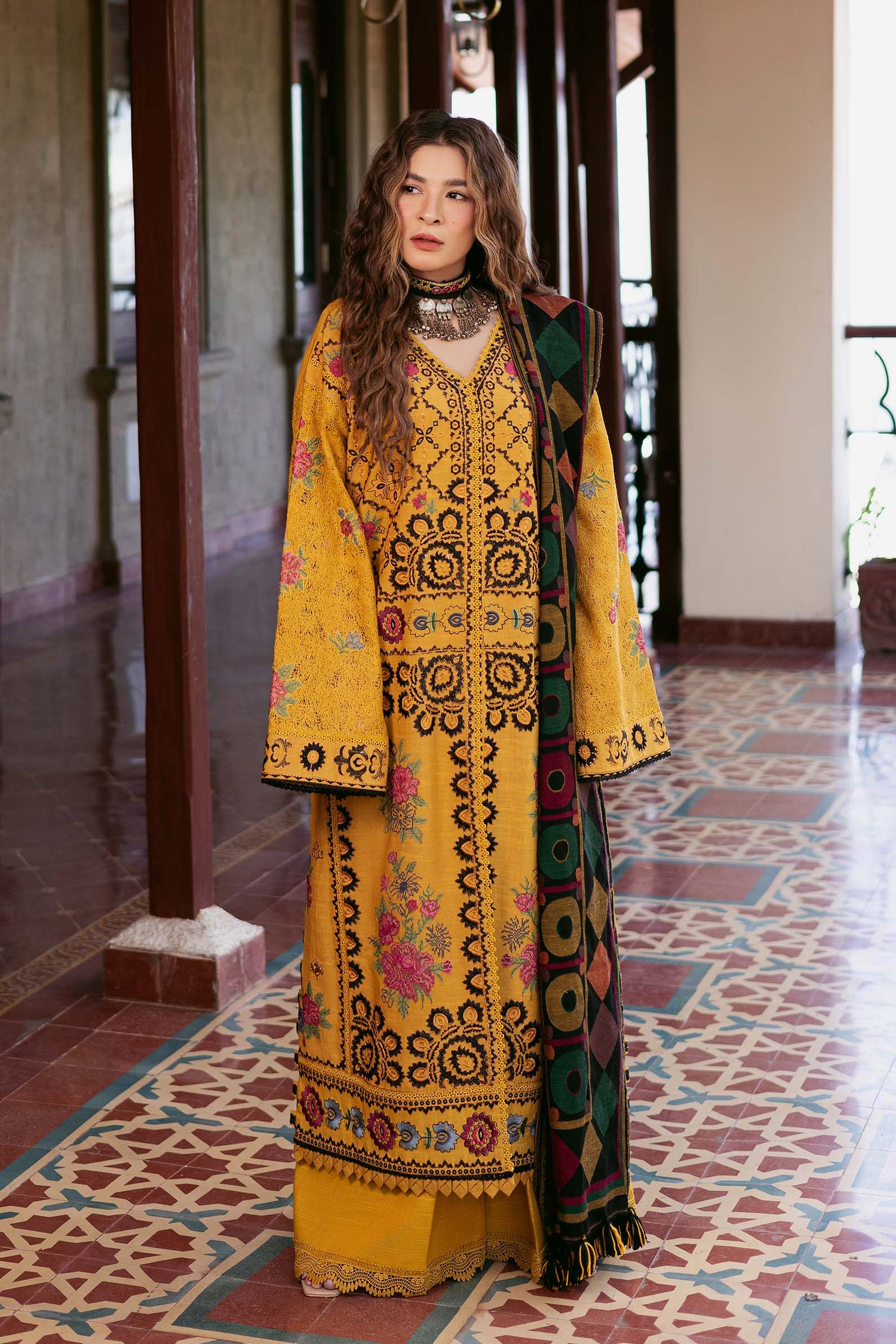 Maryam Hussain 3 Piece Custom Stitched Suit - Yelllow - LB30910