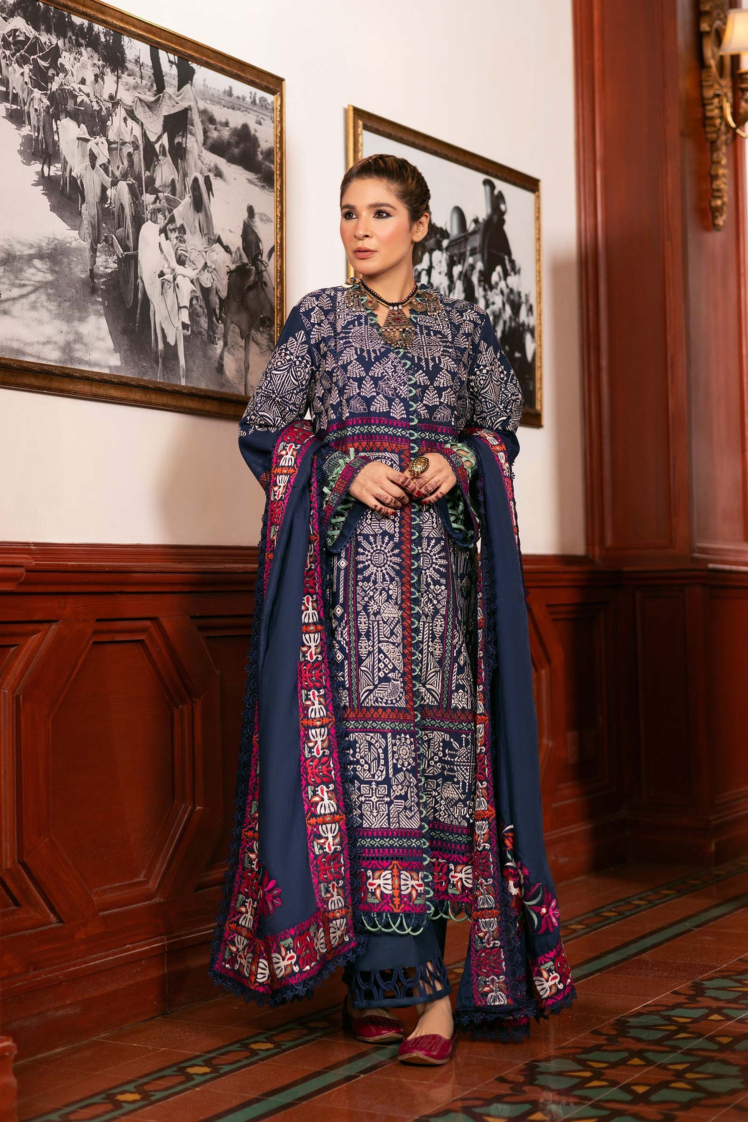 Maryam Hussain 3 Piece Custom Stitched Suit - Blue - LB30906