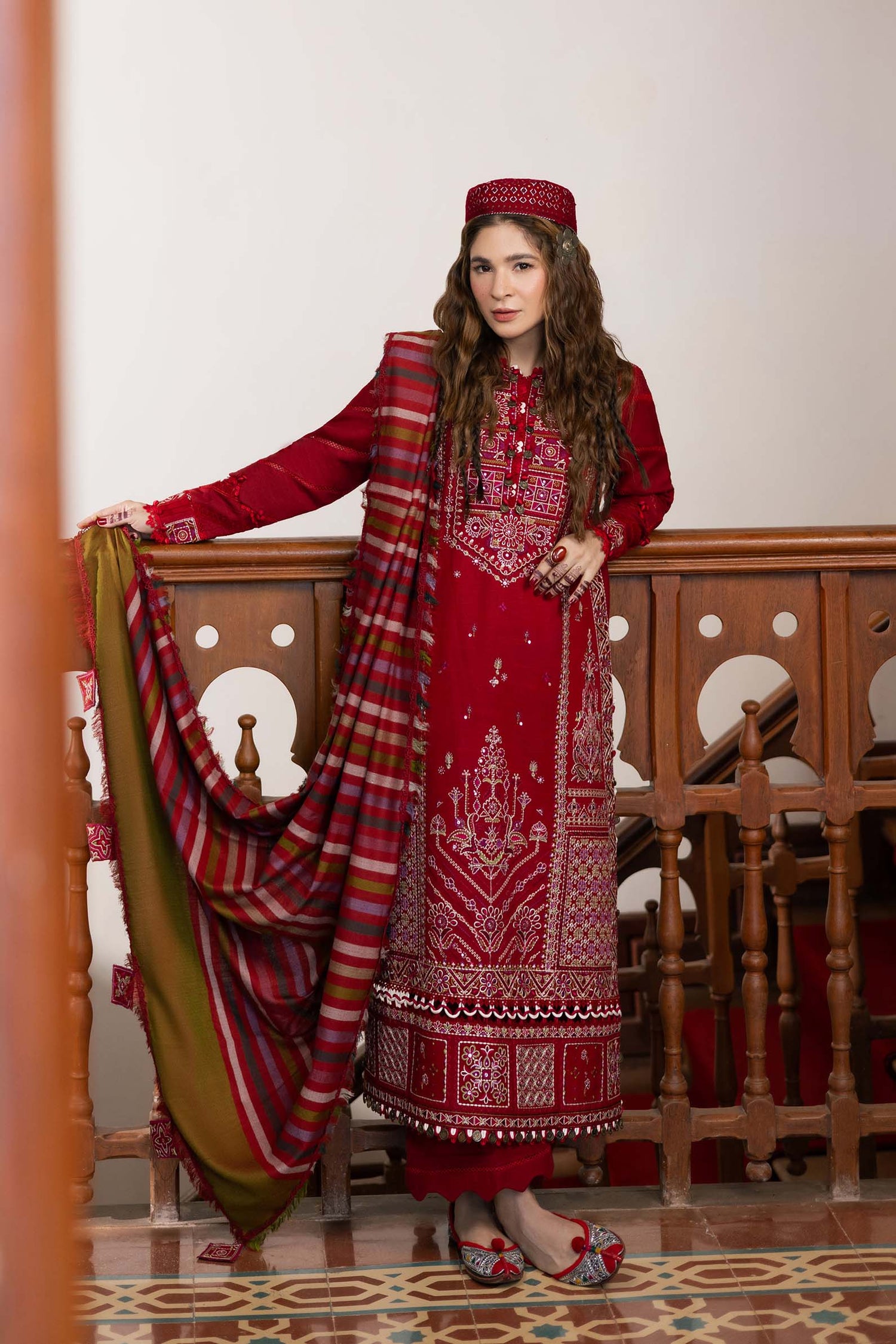Maryam Hussain 3 Piece Custom Stitched Suit - Red - LB30915