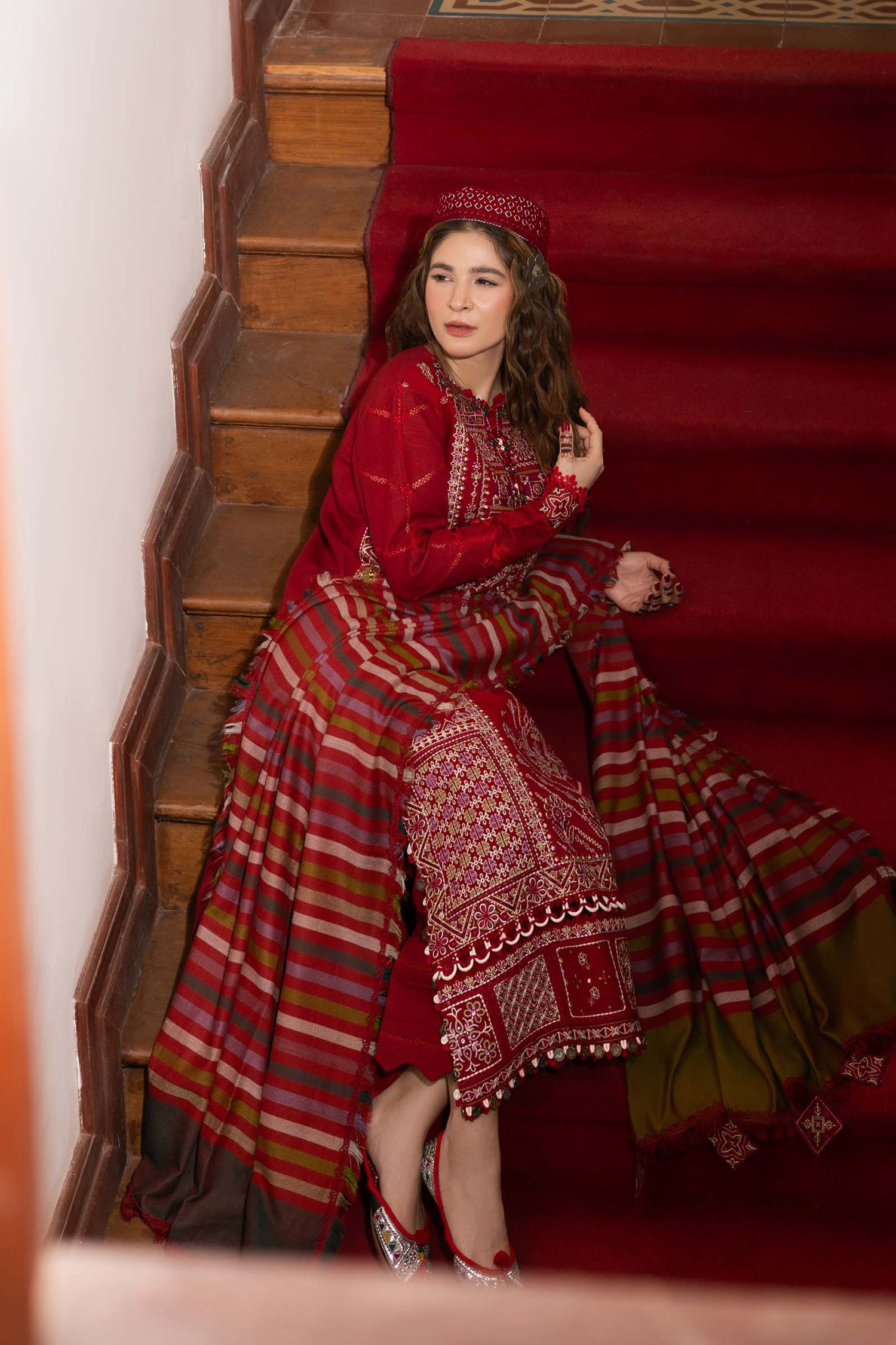 Maryam Hussain 3 Piece Custom Stitched Suit - Red - LB30915