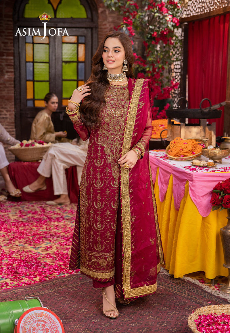 Asim Jofa 3 Piece Custom Stitched Suit - Maroon - LB287414