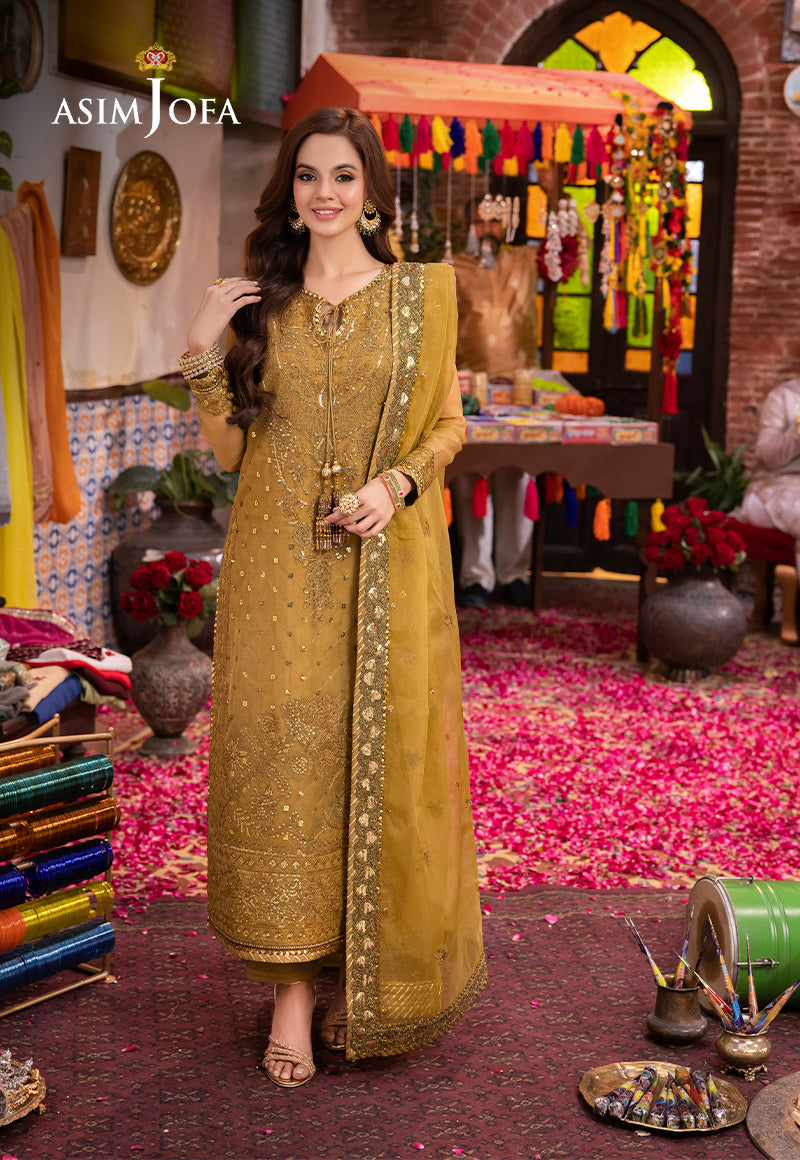 Asim Jofa 3 Piece Custom Stitched Suit - Mustard  - LB287412