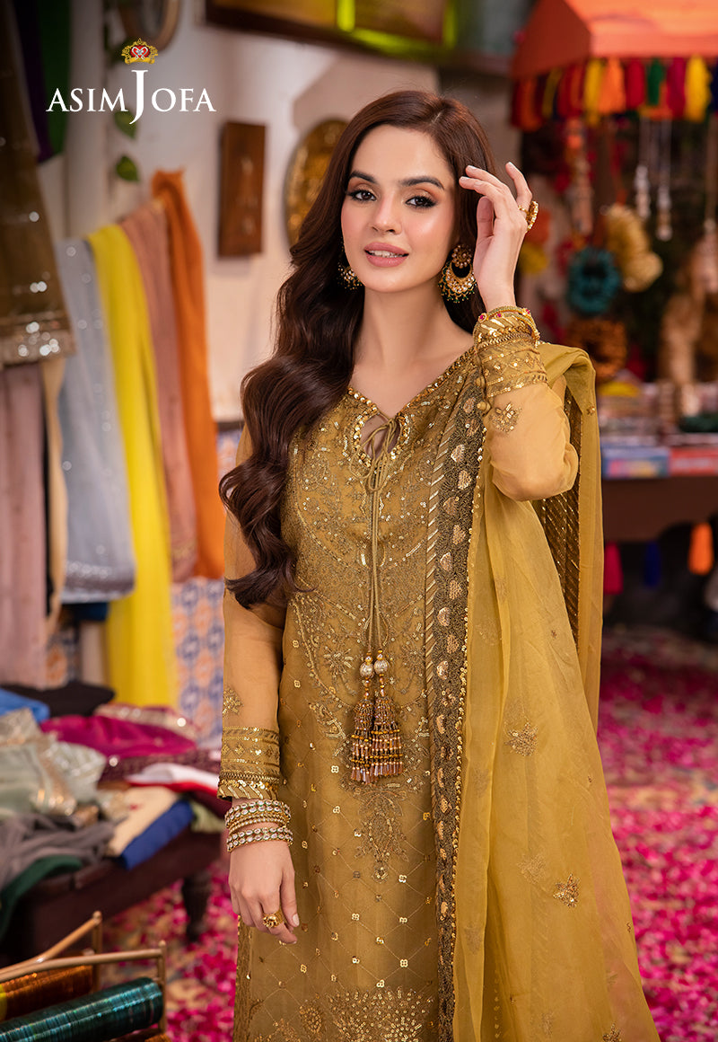 Asim Jofa 3 Piece Custom Stitched Suit - Mustard  - LB287412