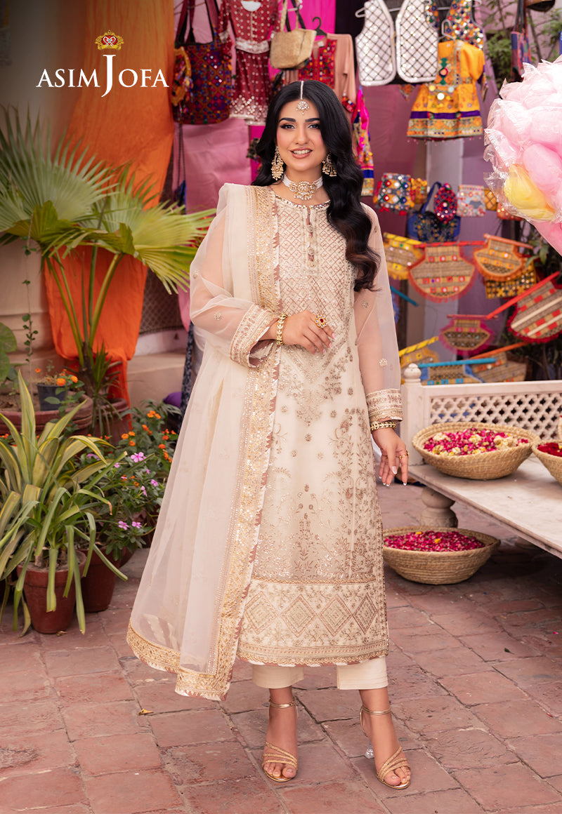 Asim Jofa 3 Piece Custom Stitched Suit - Off-White - LB287421