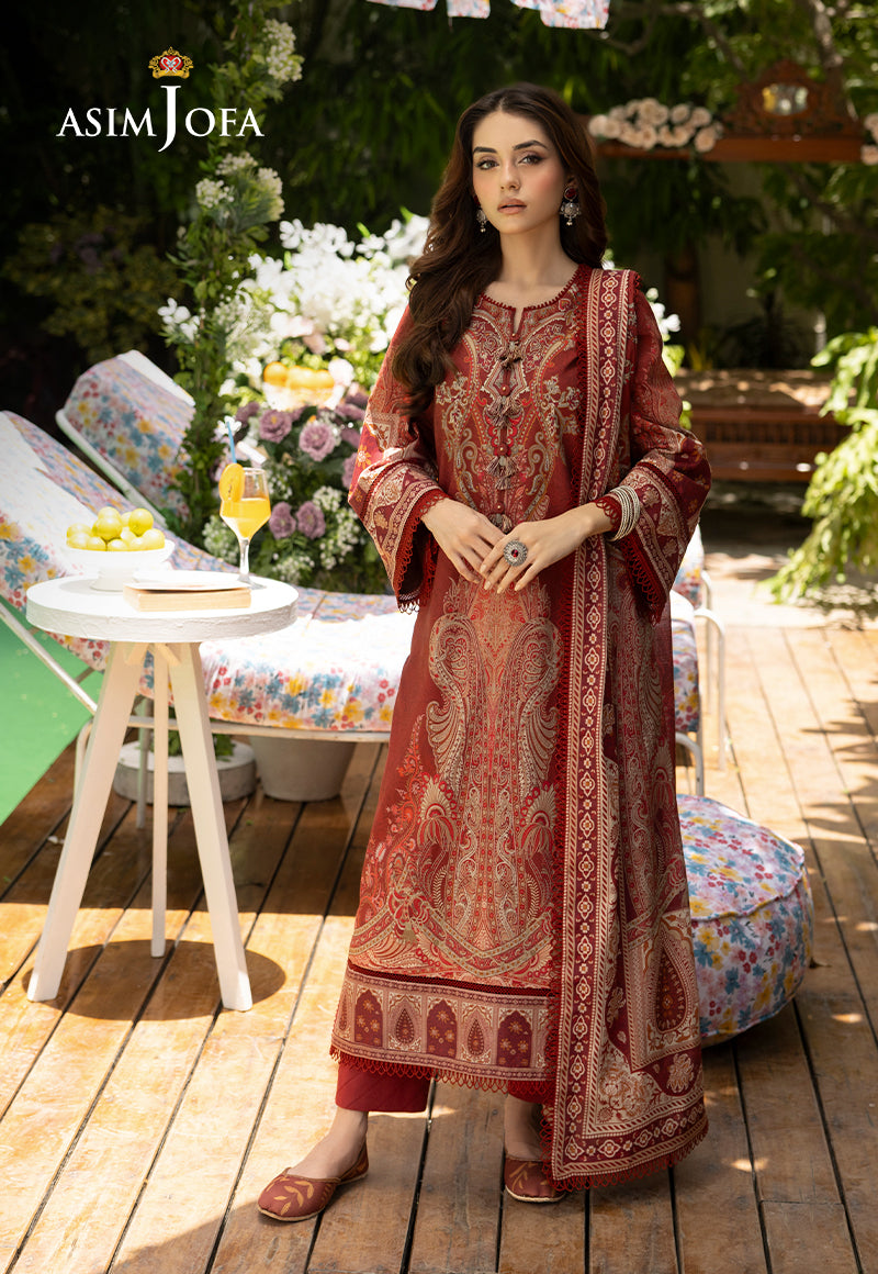 Asim Jofa 3 Piece Custom Stitched Suit - Maroon - LB287491