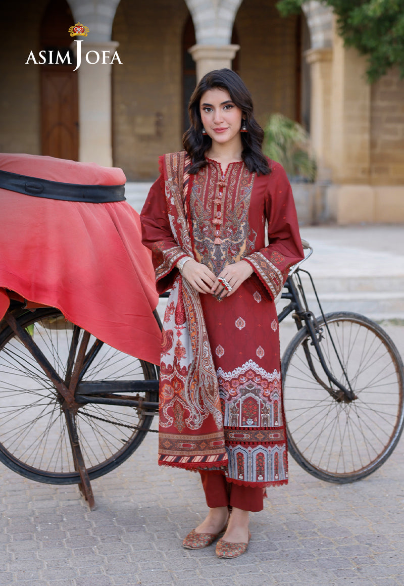 Asim Jofa 3 Piece Custom Stitched Suit - Maroon - LB287344