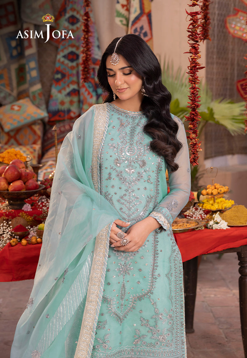 Asim Jofa 3 Piece Custom Stitched Suit - Aqua - LB287423