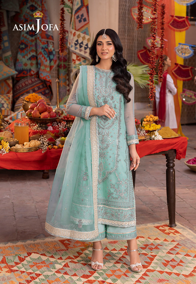 Asim Jofa 3 Piece Custom Stitched Suit - Aqua - LB287423