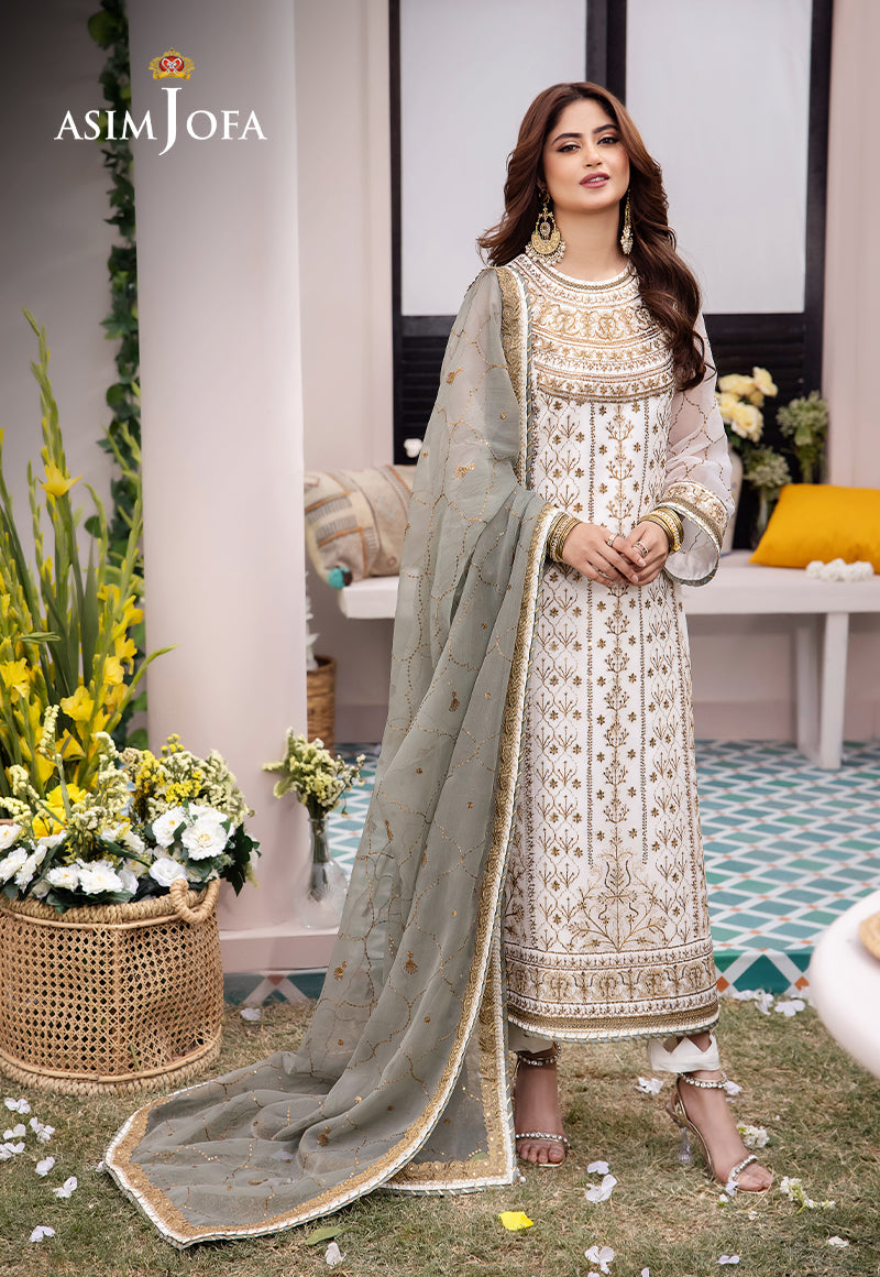 Asim Jofa 3 Piece Custom Stitched Suit - White- LB286641