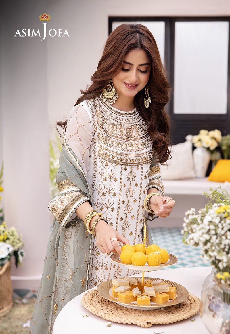 Asim Jofa 3 Piece Custom Stitched Suit - White- LB286641