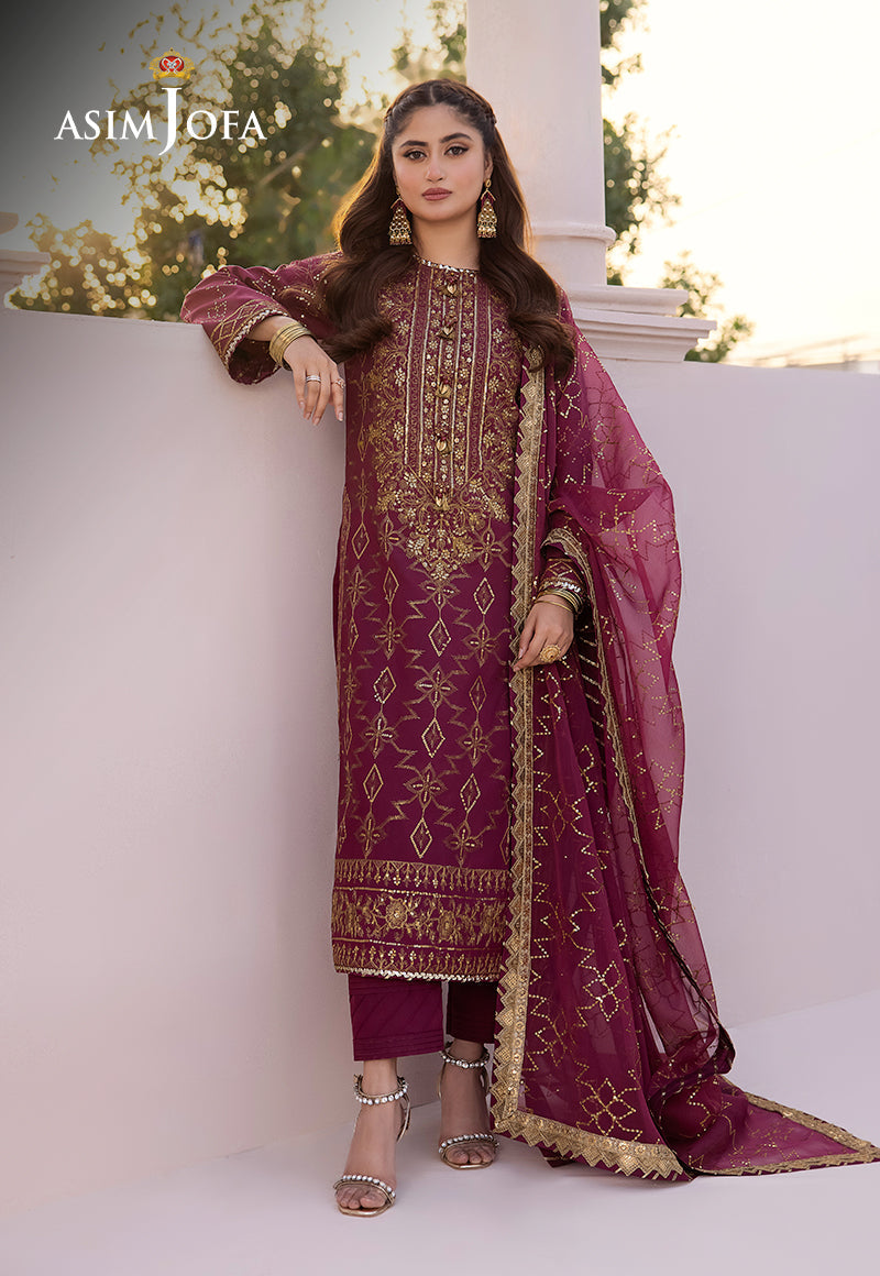 Asim Jofa 3 Piece Custom Stitched Suit - Purple - LB286636