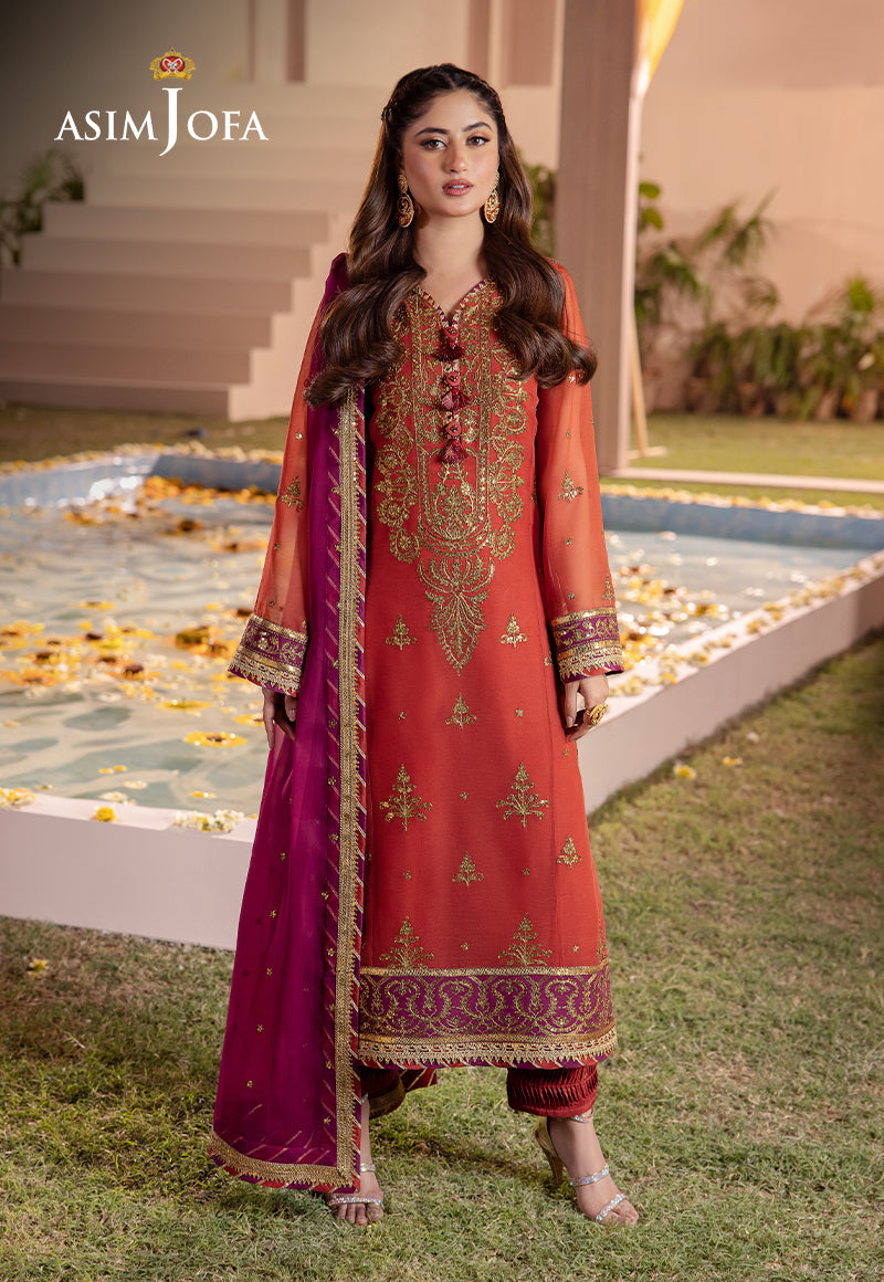 Asim Jofa 3 Piece Custom Stitched Suit - Orange - LB286617