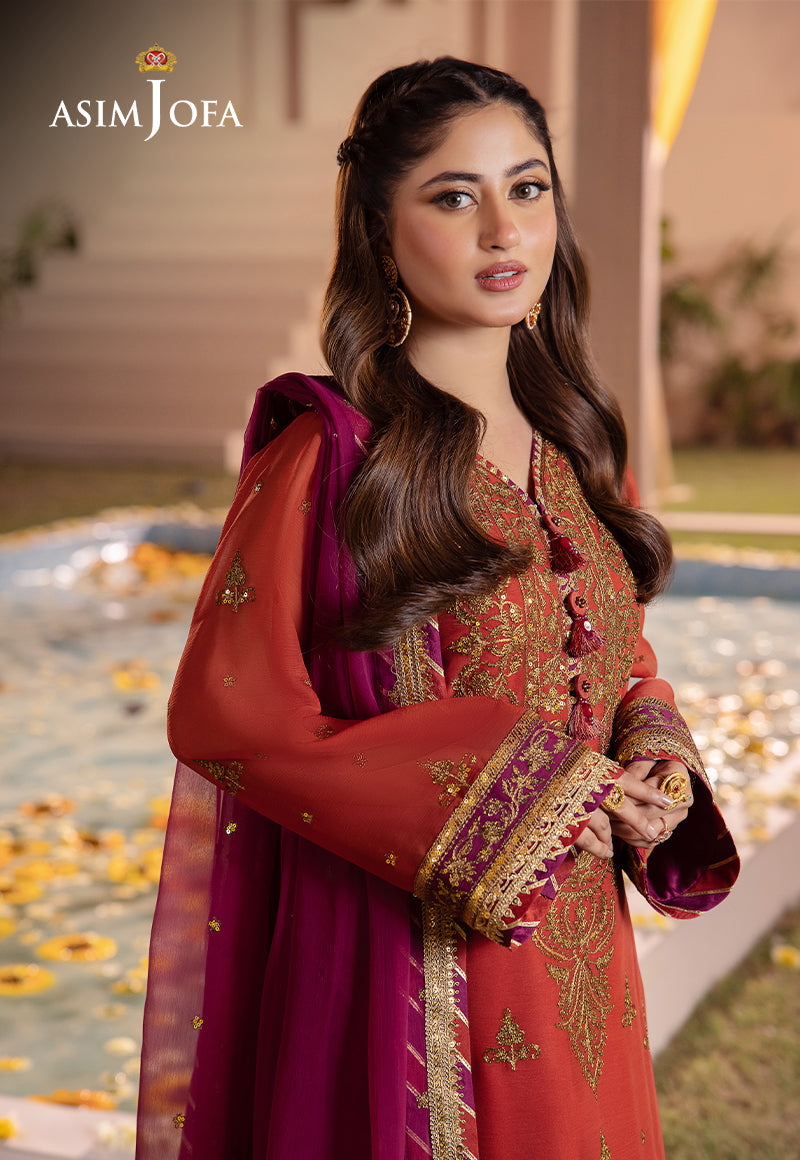 Asim Jofa 3 Piece Custom Stitched Suit - Orange - LB286617