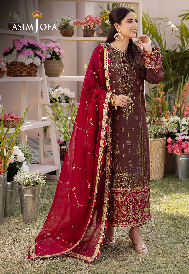 Asim Jofa 3 Piece Custom Stitched Suit - Brown - LB286631